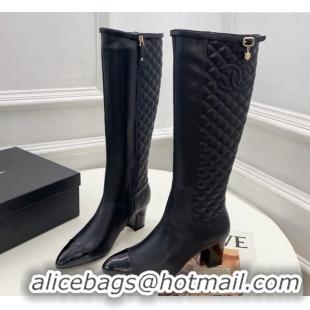 Luxurious Chanel Calfskin Heel High Boots 6.5cm with CC Buckle Strap Black 915010