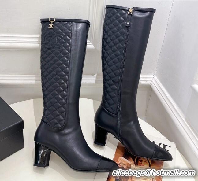 Luxurious Chanel Calfskin Heel High Boots 6.5cm with CC Buckle Strap Black 915010