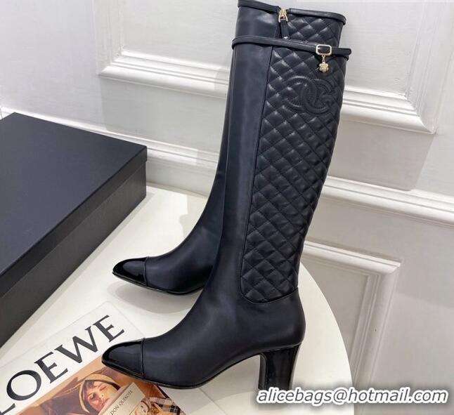 Luxurious Chanel Calfskin Heel High Boots 6.5cm with CC Buckle Strap Black 915010