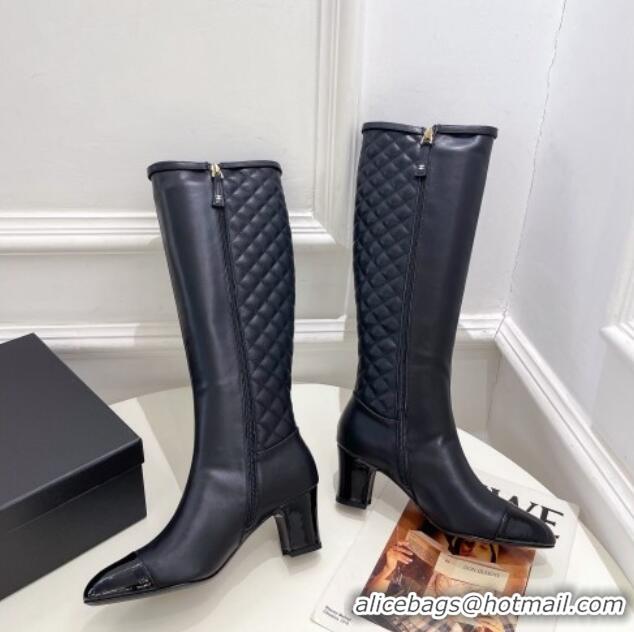 Luxurious Chanel Calfskin Heel High Boots 6.5cm with CC Buckle Strap Black 915010