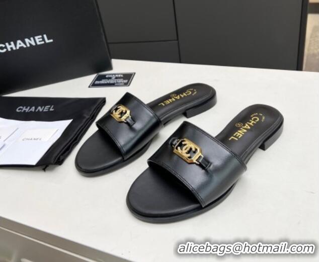 Best Product Chanel Calfskin Framed CC Flat Slide Sandals with Crystals Black 915011