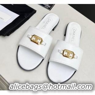 Top Grade Chanel Calfskin Framed CC Flat Slide Sandals with Crystals White 915012