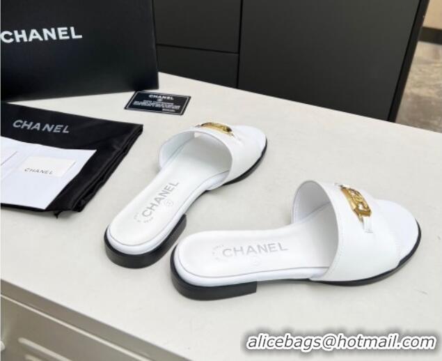 Top Grade Chanel Calfskin Framed CC Flat Slide Sandals with Crystals White 915012