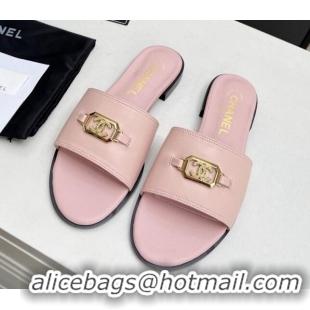 Low Price Chanel Calfskin Framed CC Flat Slide Sandals with Crystals Light Pink 915014