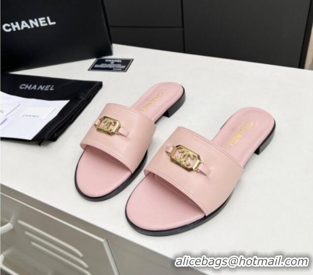 Low Price Chanel Calfskin Framed CC Flat Slide Sandals with Crystals Light Pink 915014