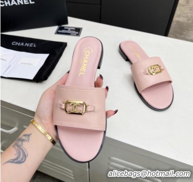 Low Price Chanel Calfskin Framed CC Flat Slide Sandals with Crystals Light Pink 915014