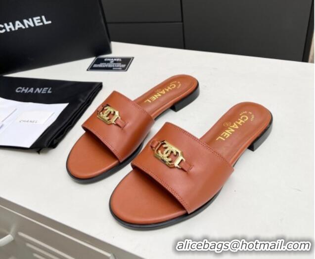 Unique Style Chanel Calfskin Framed CC Flat Slide Sandals with Crystals Brown 915015