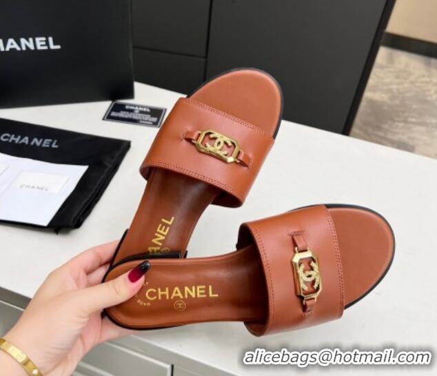 Unique Style Chanel Calfskin Framed CC Flat Slide Sandals with Crystals Brown 915015