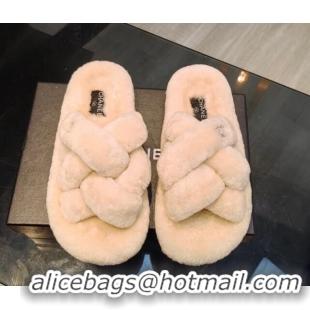 Good Product Chanel Wool Flat Slide Sandals with Cross Strap Light Beige 915016