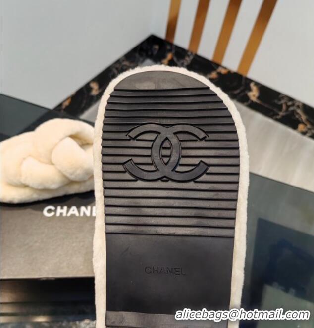 Good Product Chanel Wool Flat Slide Sandals with Cross Strap Light Beige 915016