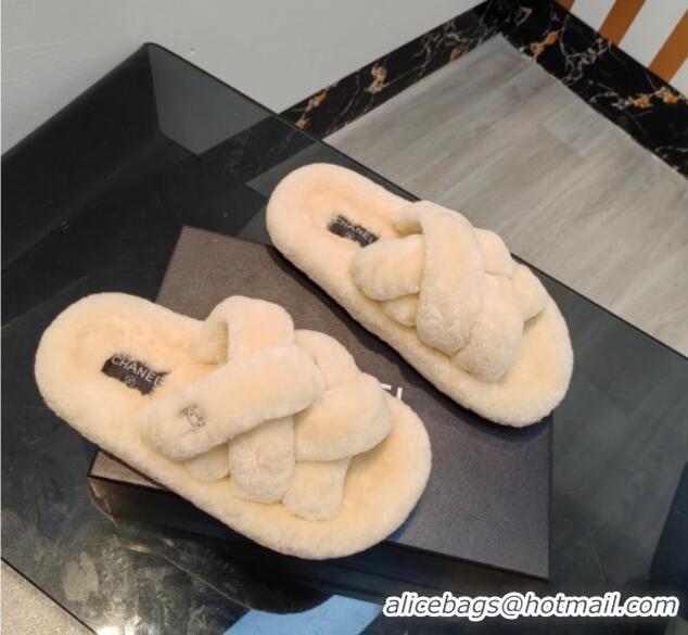 Good Product Chanel Wool Flat Slide Sandals with Cross Strap Light Beige 915016