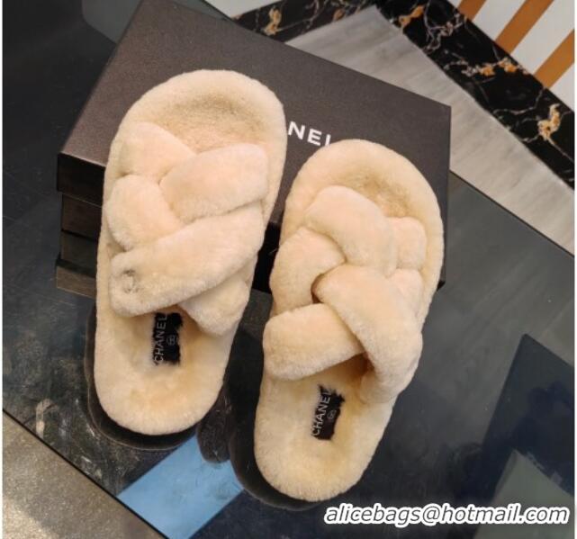 Good Product Chanel Wool Flat Slide Sandals with Cross Strap Light Beige 915016