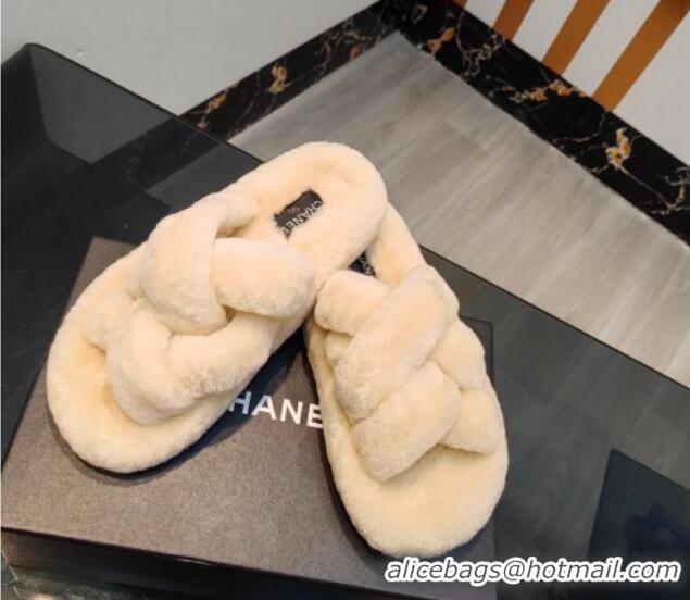 Good Product Chanel Wool Flat Slide Sandals with Cross Strap Light Beige 915016