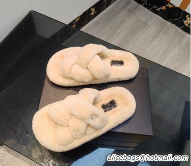 Good Product Chanel Wool Flat Slide Sandals with Cross Strap Light Beige 915016