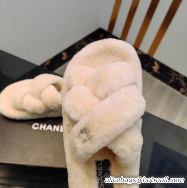 Good Product Chanel Wool Flat Slide Sandals with Cross Strap Light Beige 915016