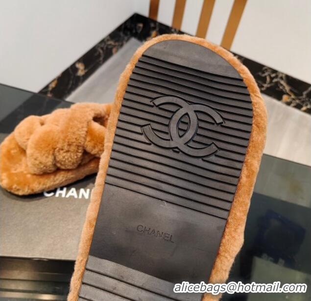 Charming Chanel Wool Flat Slide Sandals with Cross Strap Brown 915017