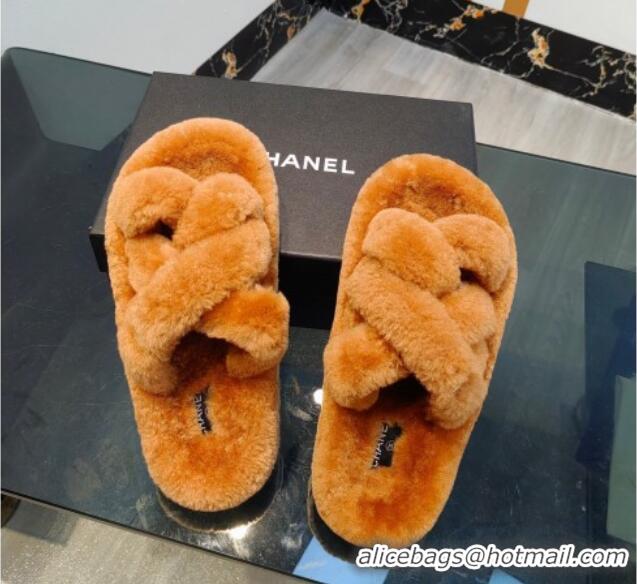 Charming Chanel Wool Flat Slide Sandals with Cross Strap Brown 915017