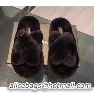 Top Design Chanel Wool Flat Slide Sandals with Cross Strap Black 915018