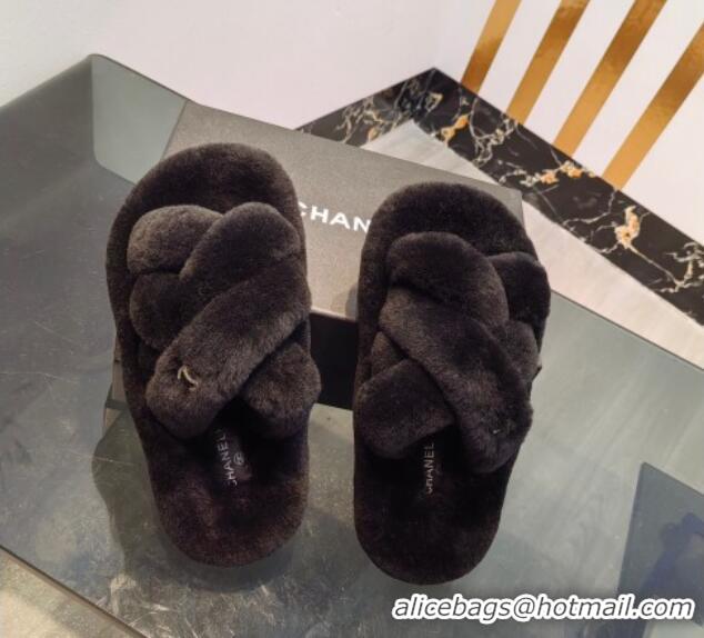 Top Design Chanel Wool Flat Slide Sandals with Cross Strap Black 915018