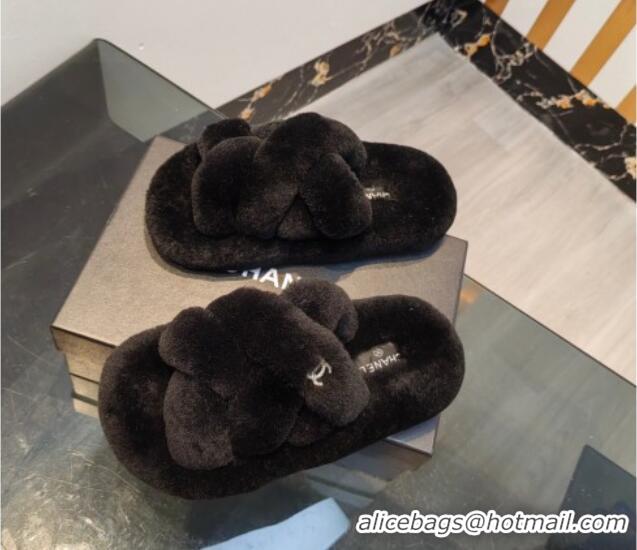 Top Design Chanel Wool Flat Slide Sandals with Cross Strap Black 915018