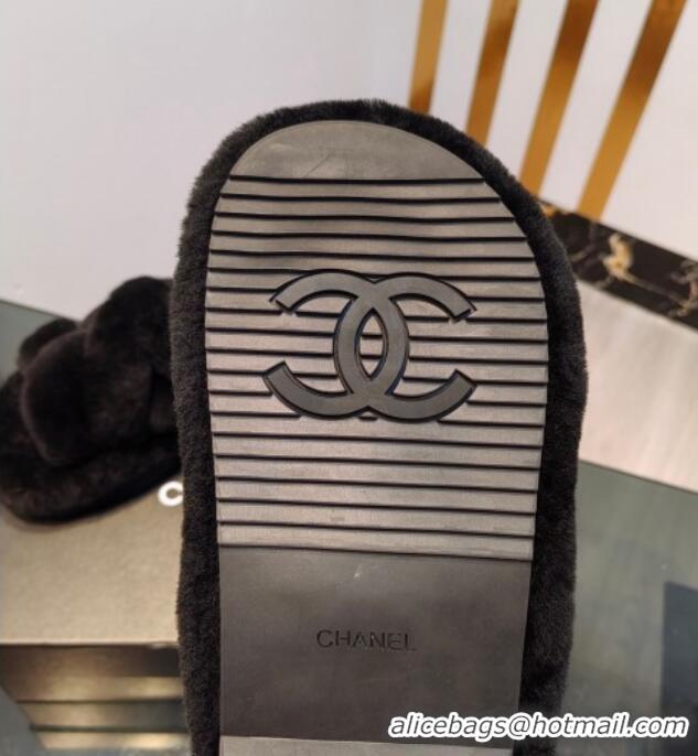 Top Design Chanel Wool Flat Slide Sandals with Cross Strap Black 915018