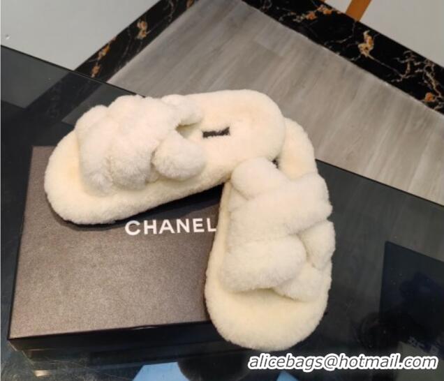 Good Looking Chanel Wool Flat Slide Sandals with Cross Strap White 915019