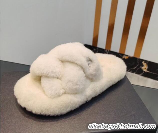 Good Looking Chanel Wool Flat Slide Sandals with Cross Strap White 915019