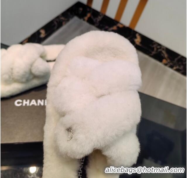 Good Looking Chanel Wool Flat Slide Sandals with Cross Strap White 915019