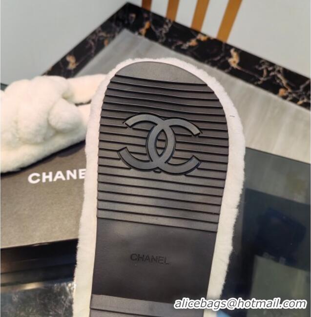 Good Looking Chanel Wool Flat Slide Sandals with Cross Strap White 915019