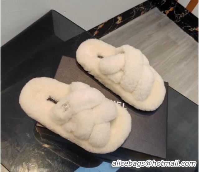 Good Looking Chanel Wool Flat Slide Sandals with Cross Strap White 915019