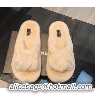 Pretty Style Chanel Wool Flat Slide Sandals 2 Light Beige 915020