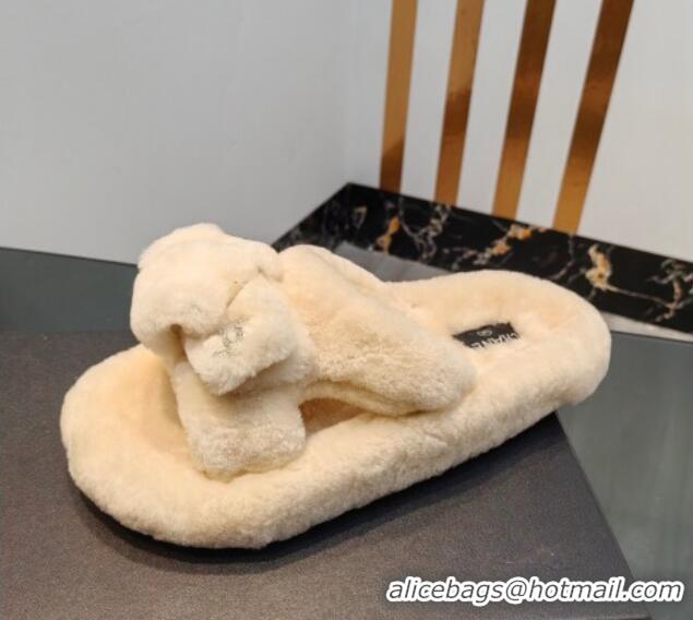 Pretty Style Chanel Wool Flat Slide Sandals 2 Light Beige 915020