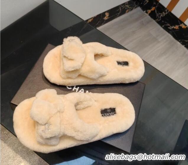 Pretty Style Chanel Wool Flat Slide Sandals 2 Light Beige 915020