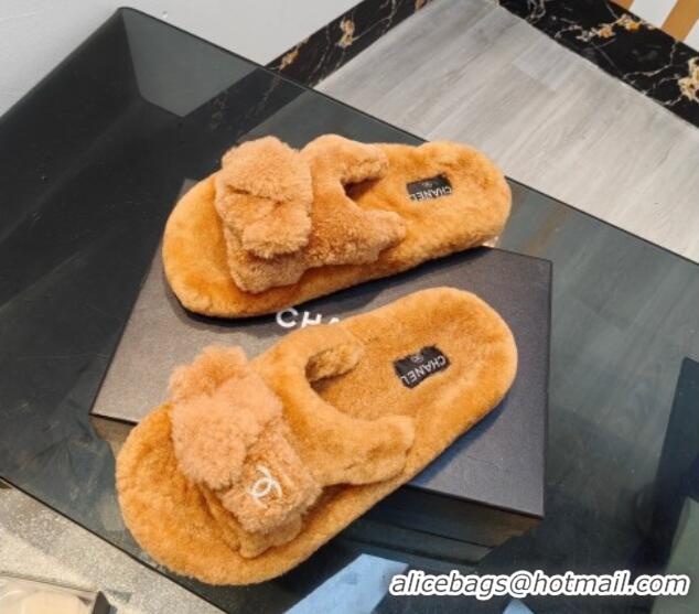 Popular Style Chanel Wool Flat Slide Sandals 2 Brown 915021