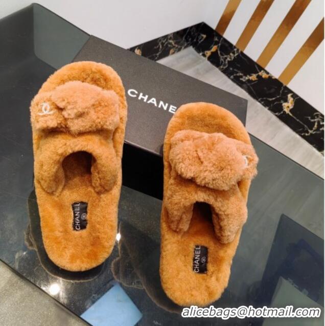 Popular Style Chanel Wool Flat Slide Sandals 2 Brown 915021