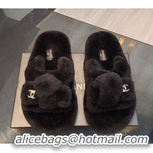 Durable Chanel Wool Flat Slide Sandals 2 Black 915022