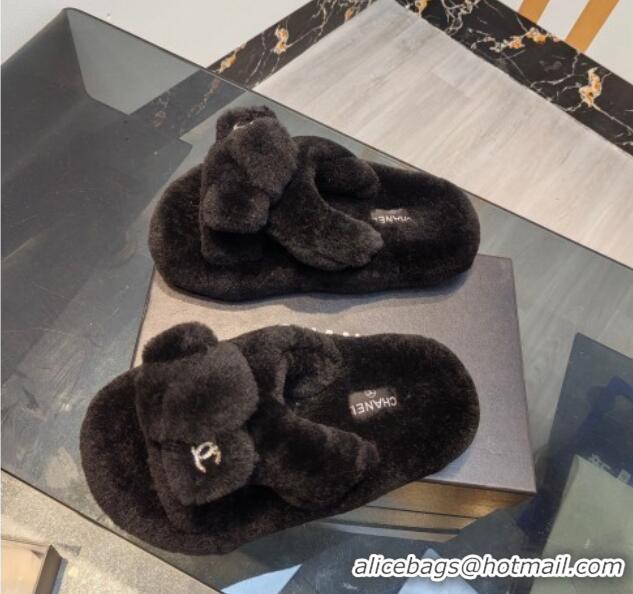 Durable Chanel Wool Flat Slide Sandals 2 Black 915022