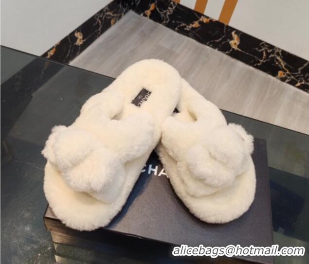 Purchase Chanel Wool Flat Slide Sandals 2 White 915023