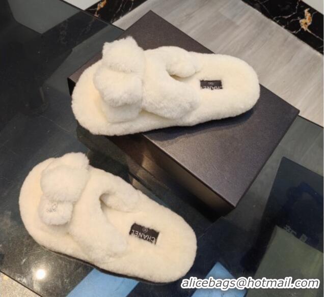 Purchase Chanel Wool Flat Slide Sandals 2 White 915023