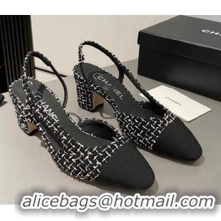 Cheap Price Chanel Classic Tweed Slingback Pumps 6cm Black/White 915024