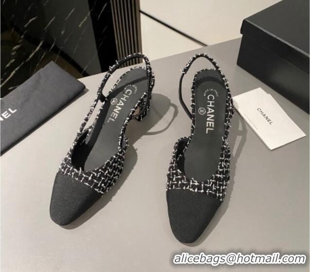 Cheap Price Chanel Classic Tweed Slingback Pumps 6cm Black/White 915024