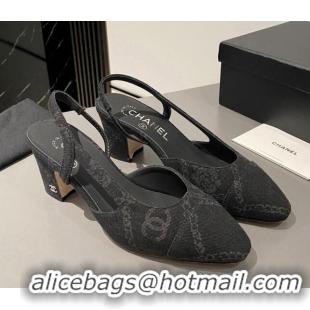 Sumptuous Chanel Classic Printed Denim Slingback Pumps 6cm Black 915025