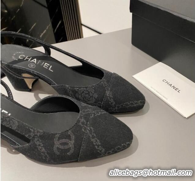 Sumptuous Chanel Classic Printed Denim Slingback Pumps 6cm Black 915025