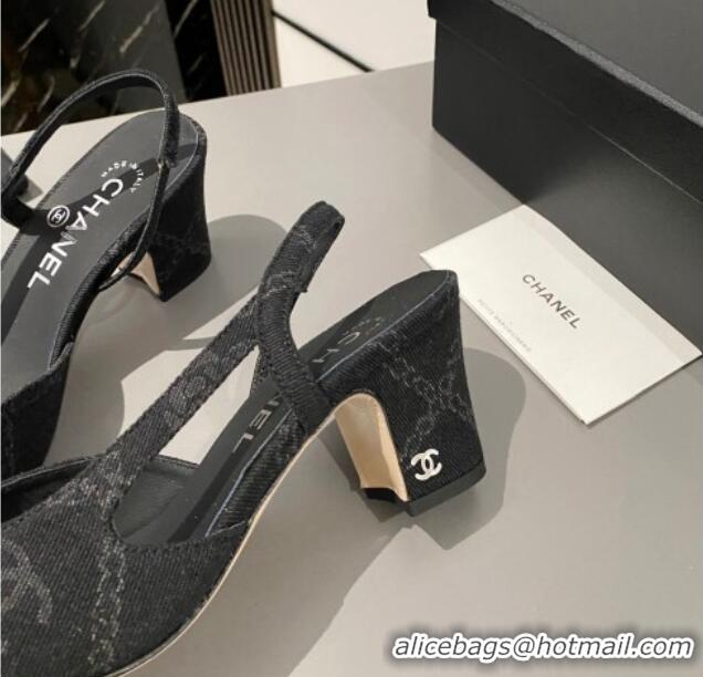 Sumptuous Chanel Classic Printed Denim Slingback Pumps 6cm Black 915025