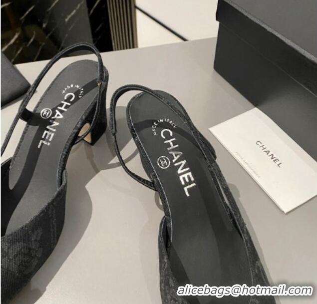 Sumptuous Chanel Classic Printed Denim Slingback Pumps 6cm Black 915025