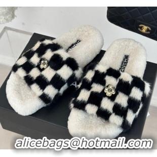 Top Grade Chanel Rabbit Fur Check Flat Slide Sandals Black/White 918060