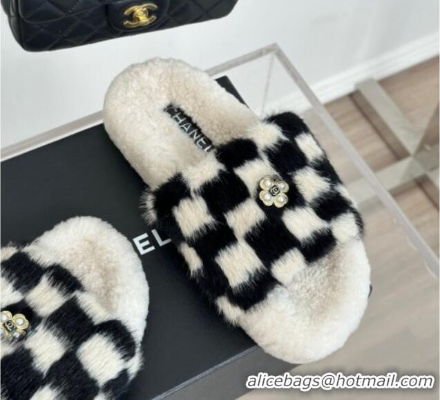 Top Grade Chanel Rabbit Fur Check Flat Slide Sandals Black/White 918060