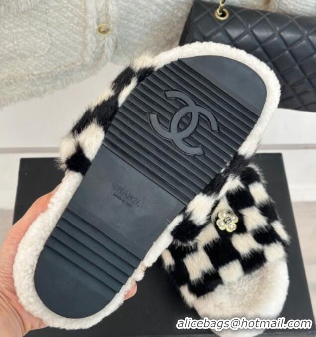 Top Grade Chanel Rabbit Fur Check Flat Slide Sandals Black/White 918060