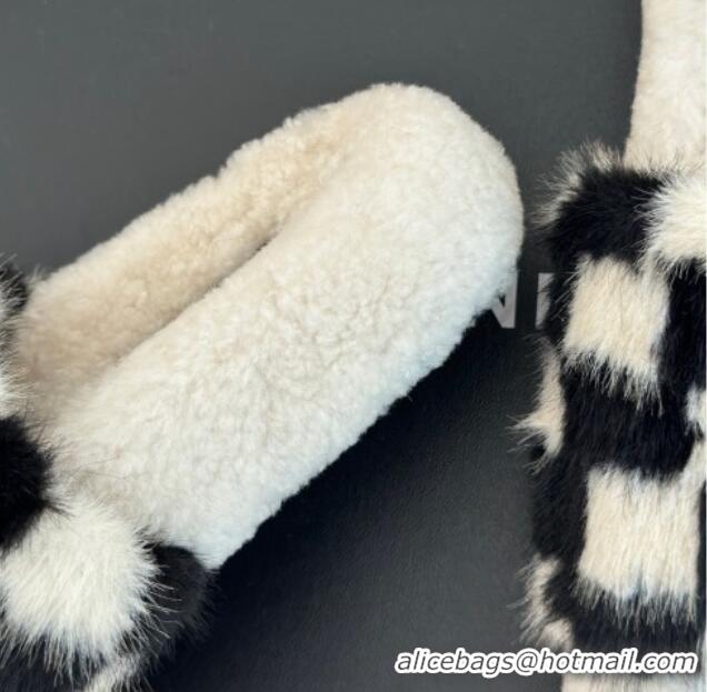 Top Grade Chanel Rabbit Fur Check Flat Slide Sandals Black/White 918060