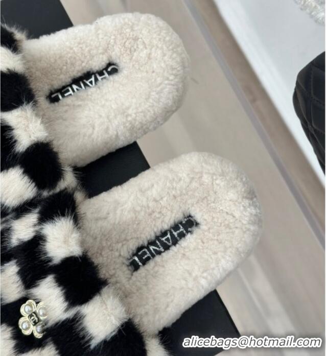 Top Grade Chanel Rabbit Fur Check Flat Slide Sandals Black/White 918060